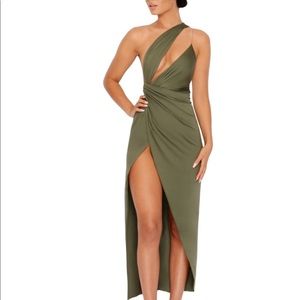 BEAT THE RUCHE THIGH SPLIT MAXI DRESS IN KHAKI